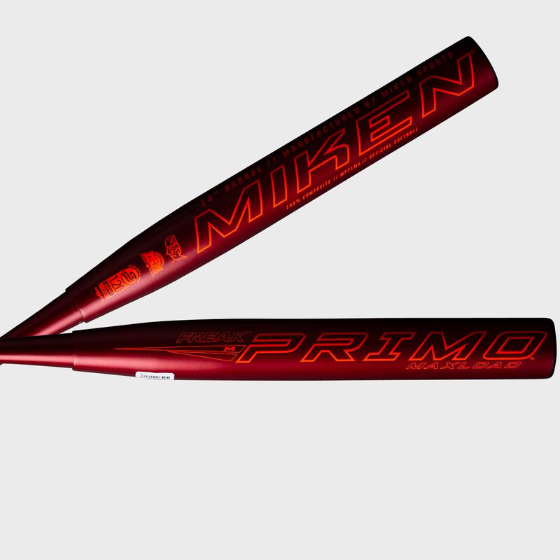 Two views of the barrel of a red 2021 Freak Primo Maxload USSSA bat with the Primo logo on one and Miken on the other - SKU: MP21MU